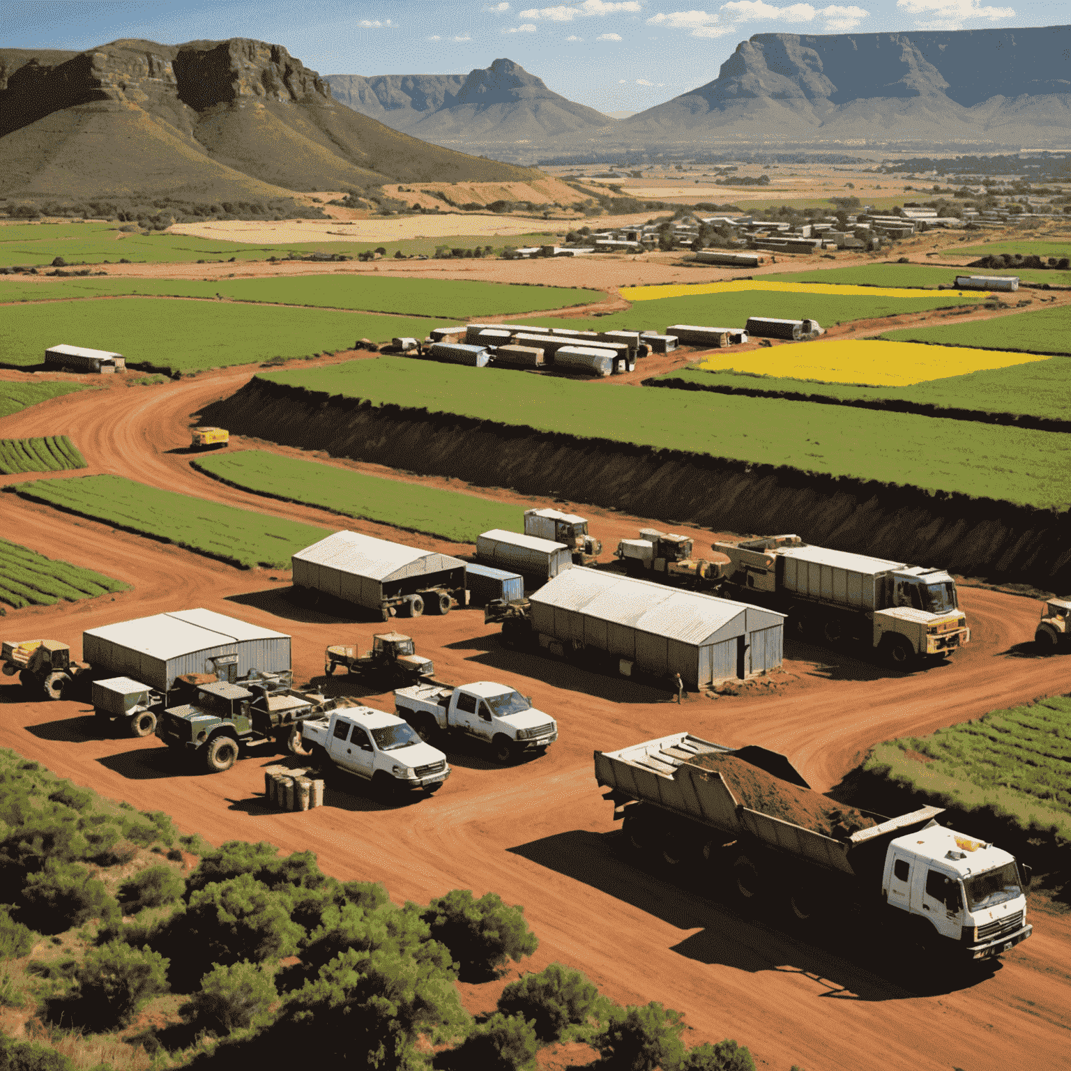 Overview of the South African economy, including images representing key sectors such as mining, agriculture, and finance