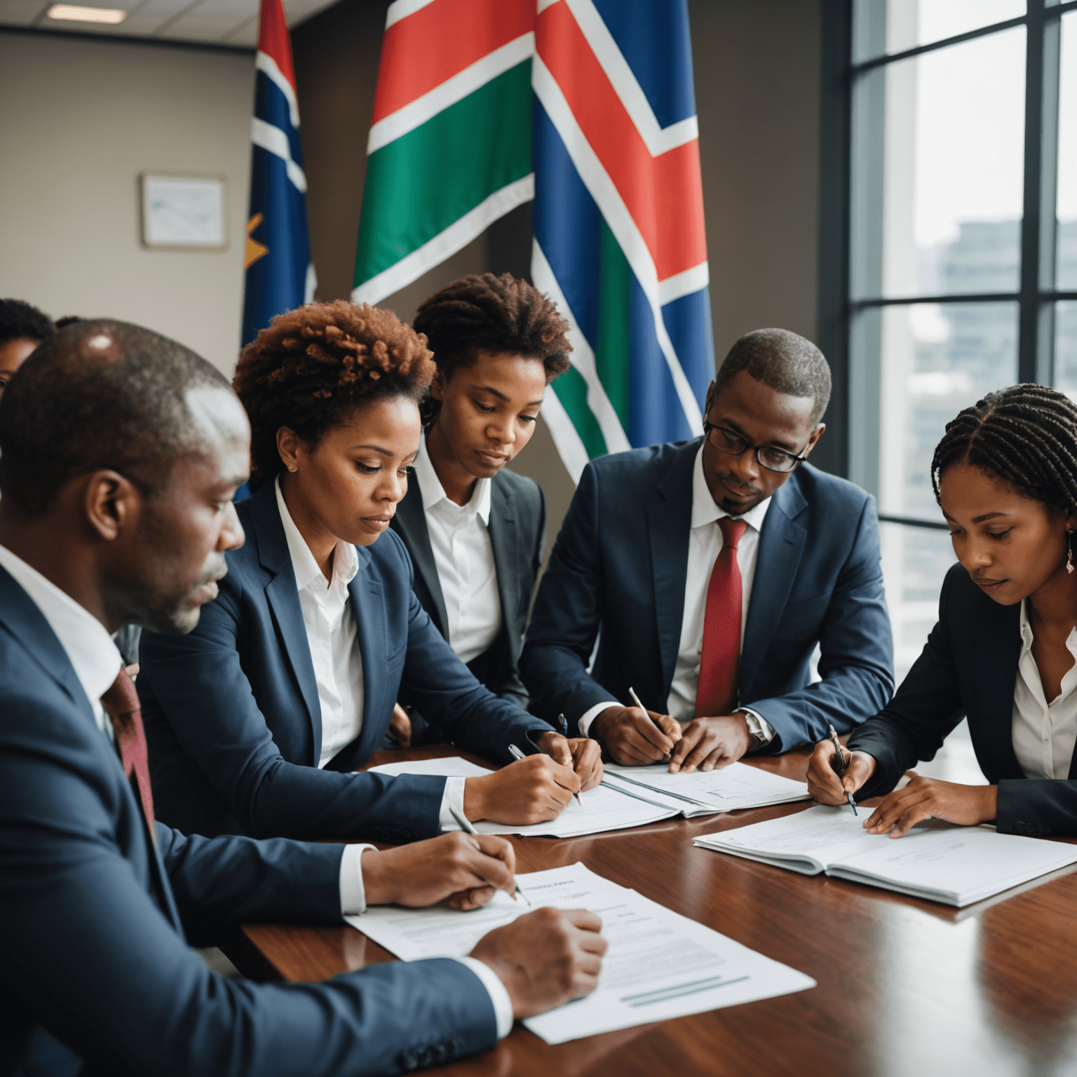 A group of diverse businesspeople reviewing regulatory documents together at a conference table, with the South African flag visible in the background