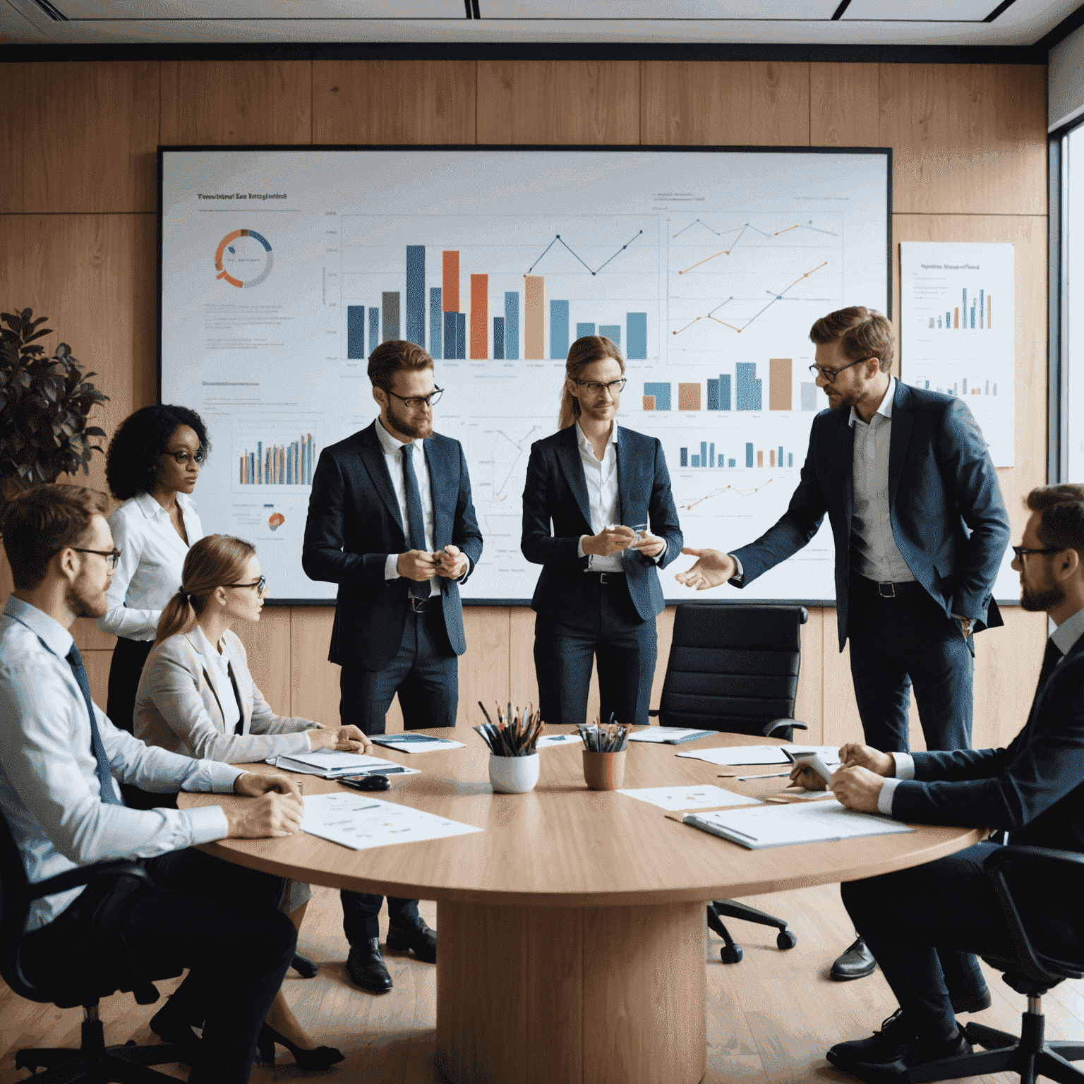 A team of consultants discussing business strategy around a conference table, with charts and graphs on a screen behind them