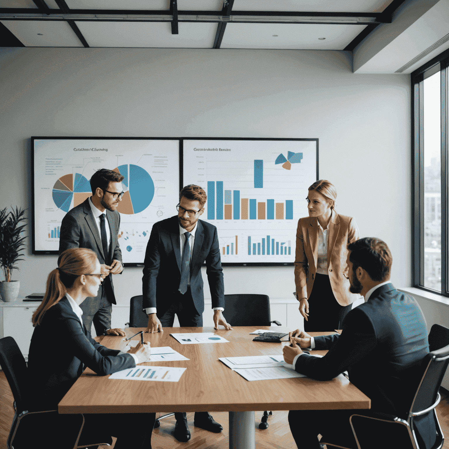 A team of business consultants discussing strategies around a conference table, with charts and graphs on a screen in the background