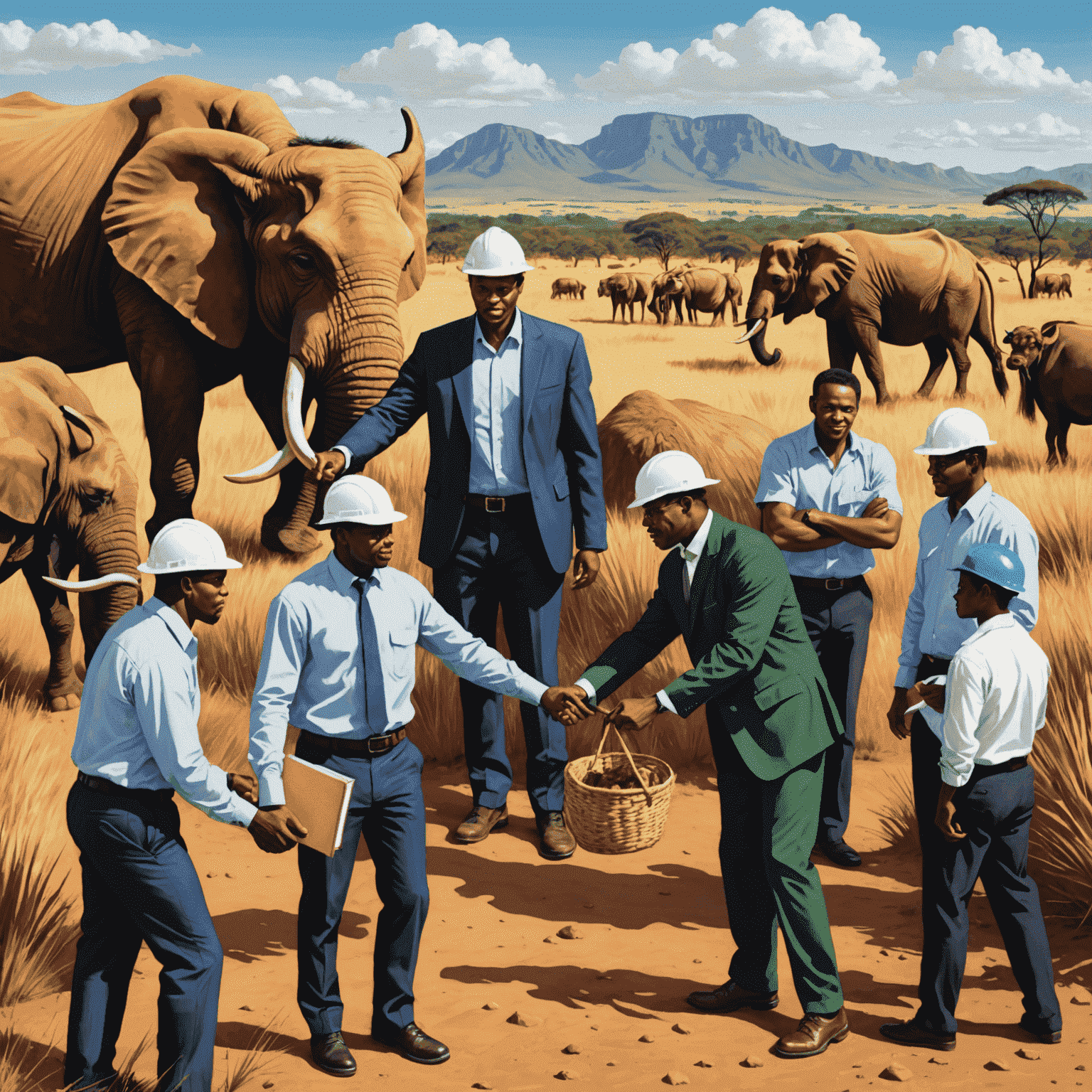 Illustration of a team helping a company enter the South African market, with images related to market research, regulatory compliance, and business expansion