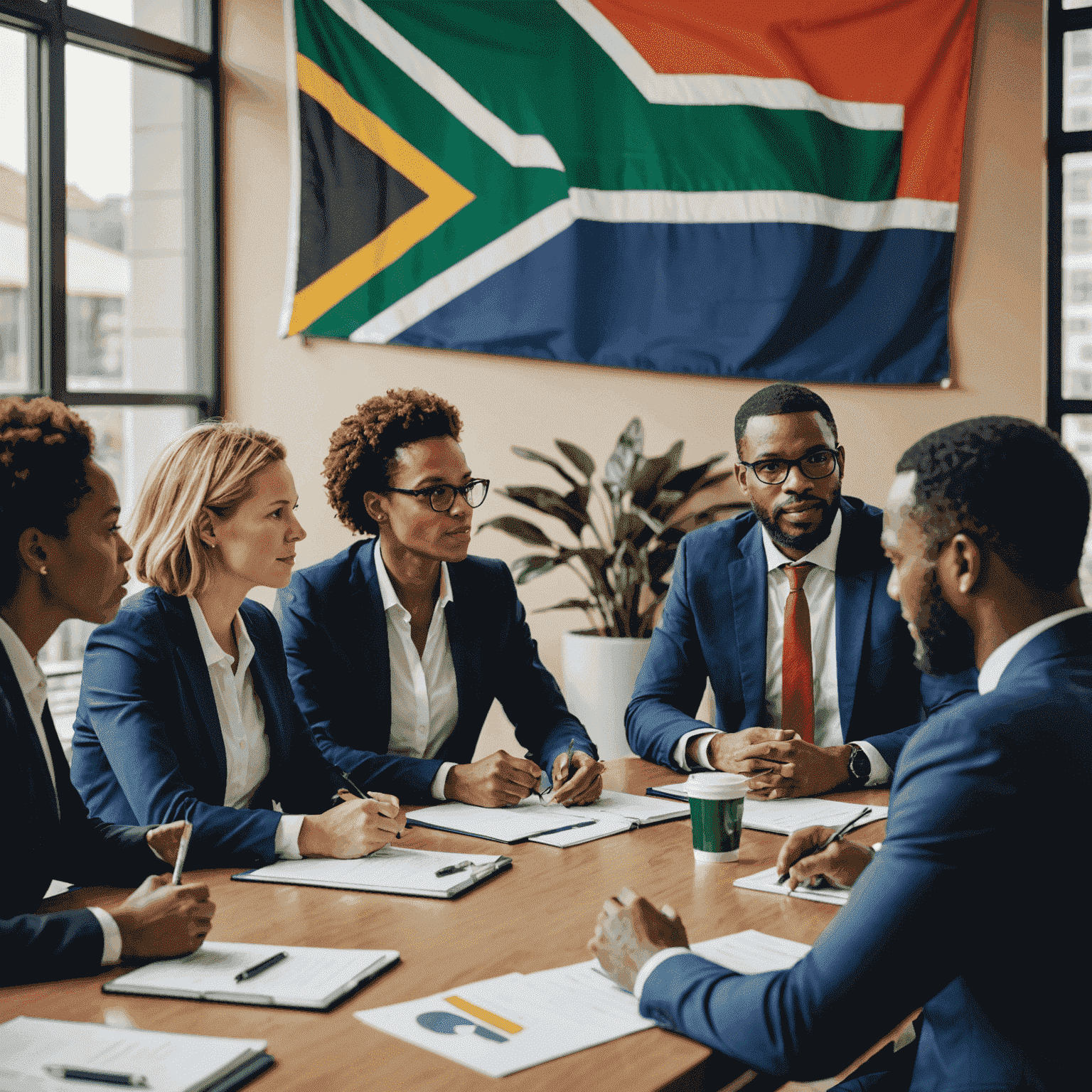 A group of diverse business professionals discussing sustainability and CSR strategies around a conference table, with a South African flag in the background