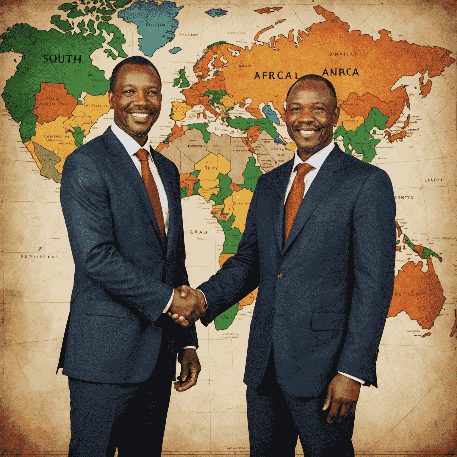 A businessman shaking hands with a South African partner in front of a map of South Africa, symbolizing successful market entry