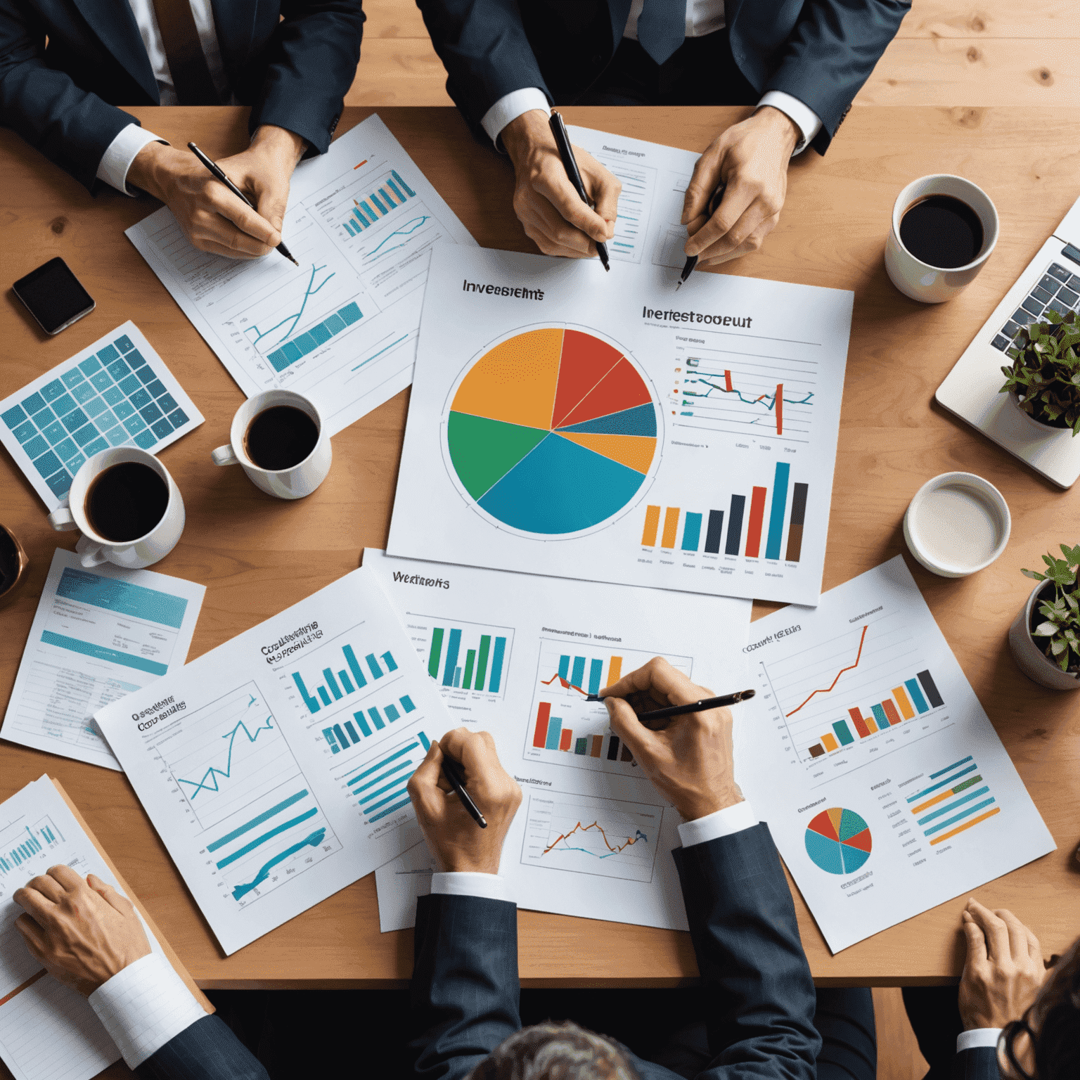 Illustration depicting investment consulting, with charts, graphs, and a diverse investment portfolio