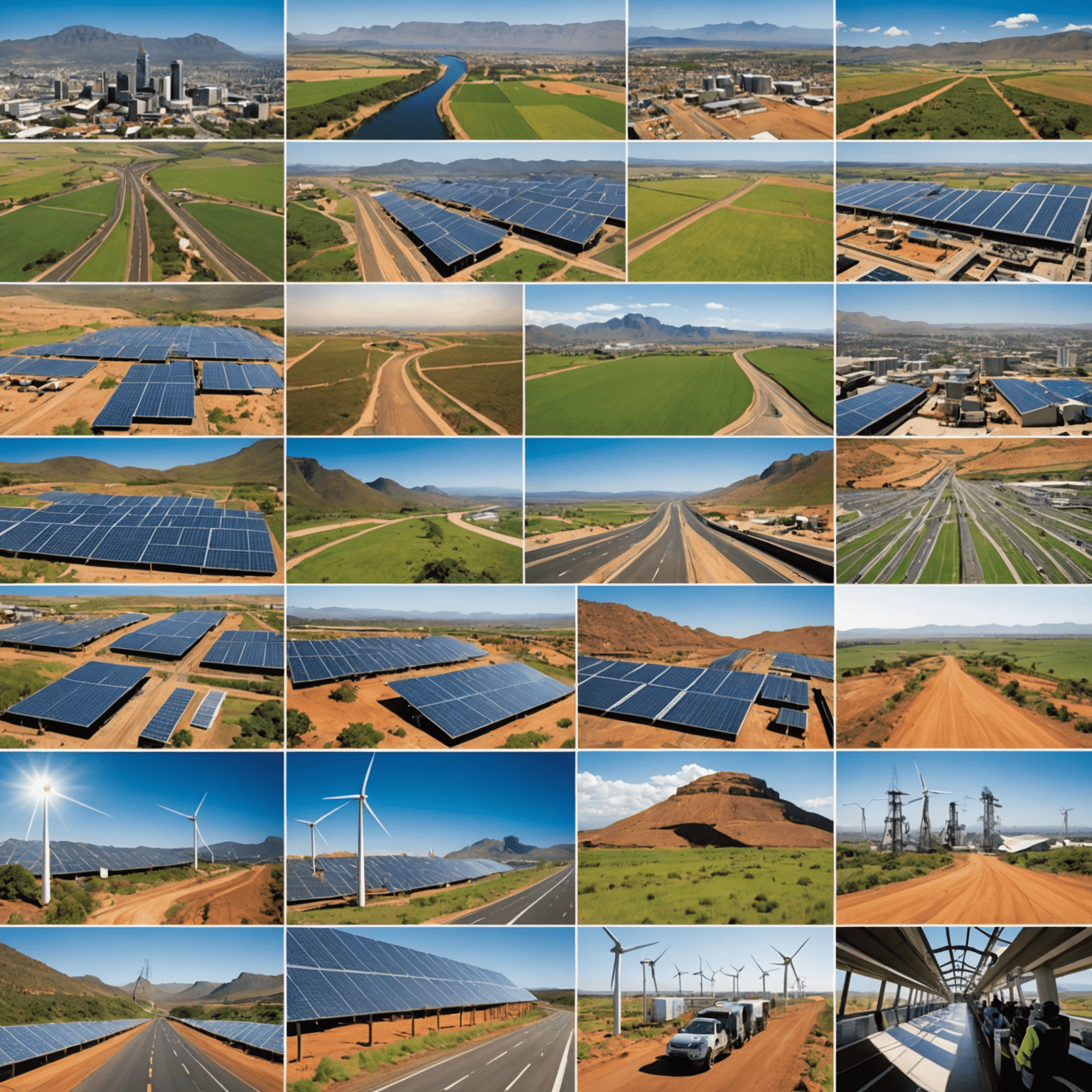 Collage of images representing economic opportunities in South Africa, such as infrastructure development, renewable energy projects, and technology startups