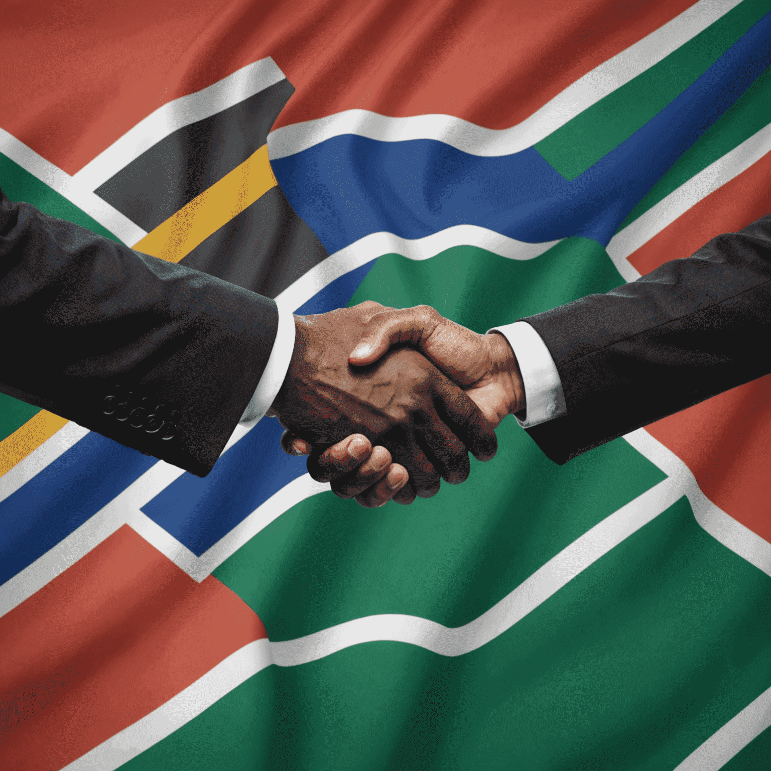 Two businessmen, one foreign and one South African, shaking hands in agreement in front of a South African flag