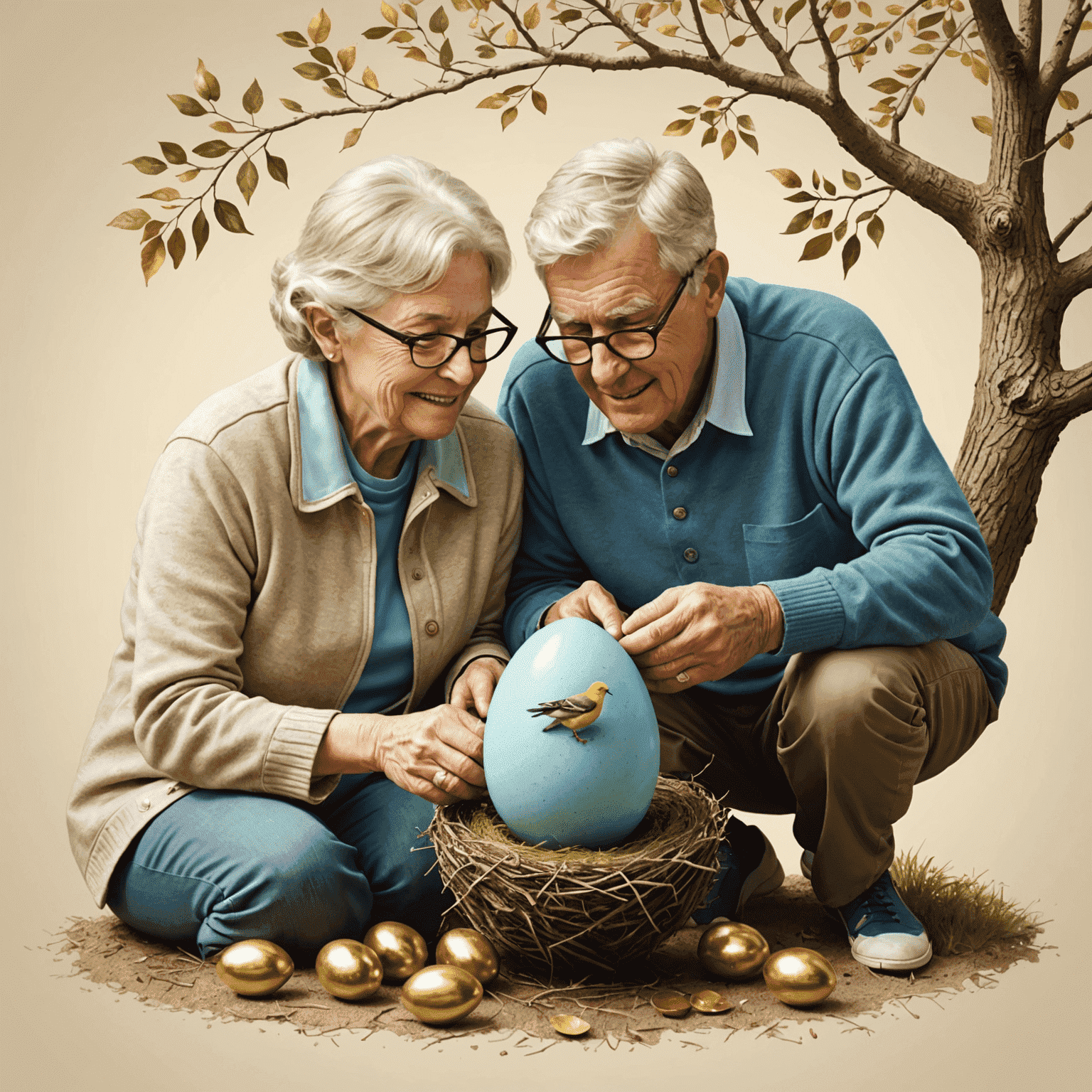 Illustration showing retirement planning, with a couple enjoying their golden years and a nest egg