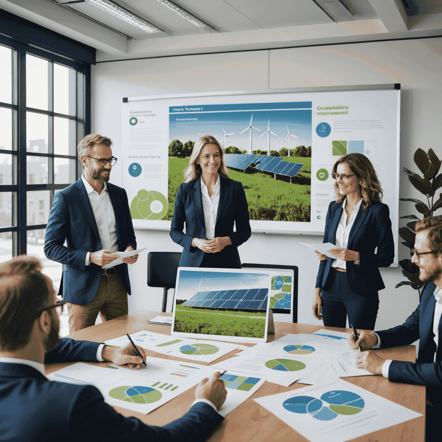 Consultants presenting a sustainability plan to a group of executives, with images of renewable energy and community development