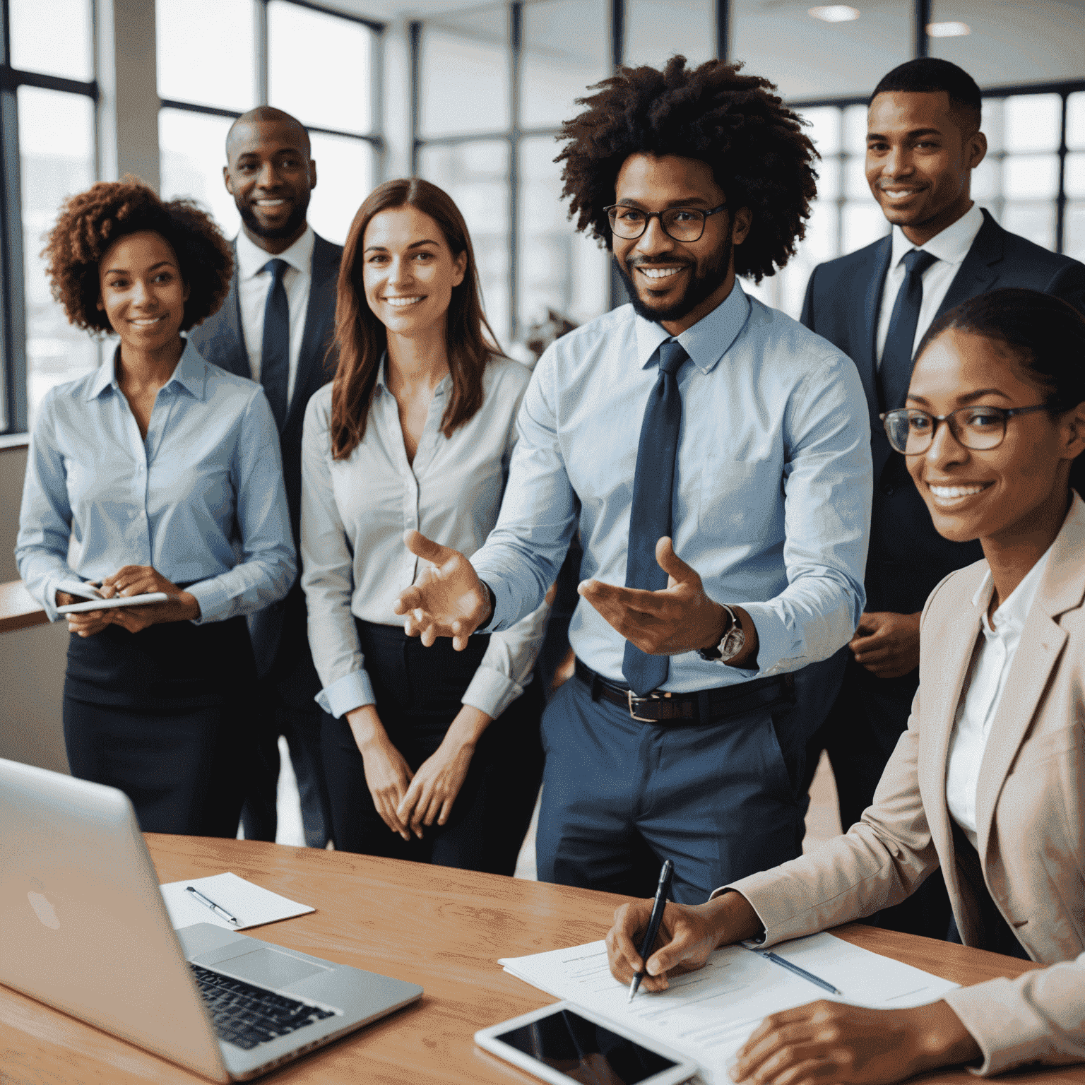 A diverse group of employees attending a training session led by an expert consultant